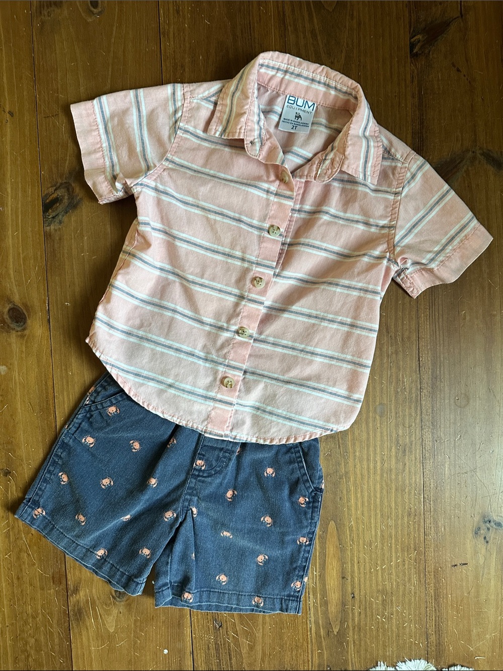 BUM Equipment Salmon Pink Striped Button up Shirt & Blue Canvas Crab Print Short